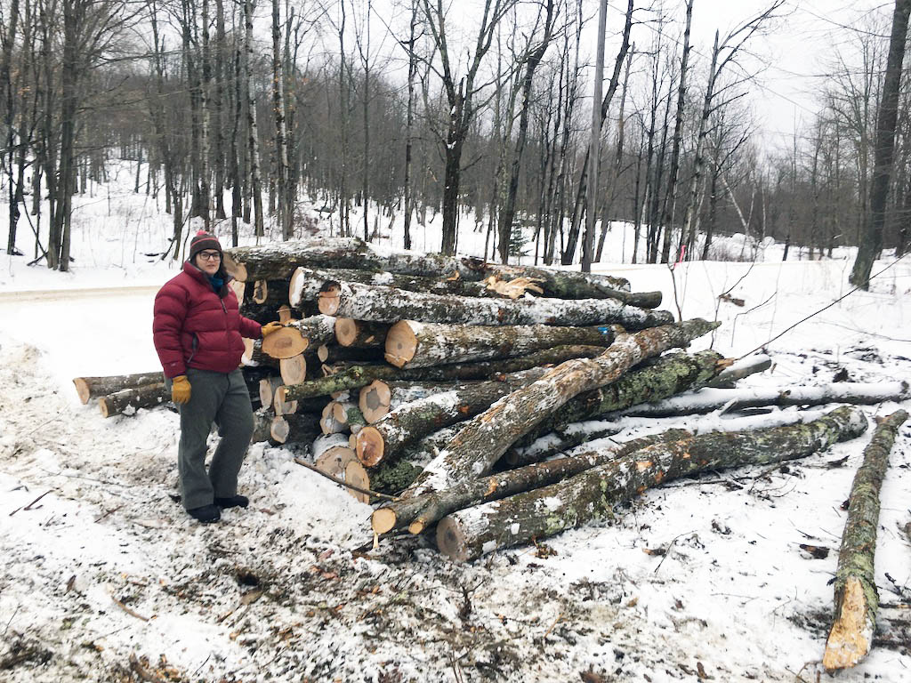 VFF Conservation Forester Kathleen Stutzman checks a log landing during a timber harvest in a VFF landowner’s forest.