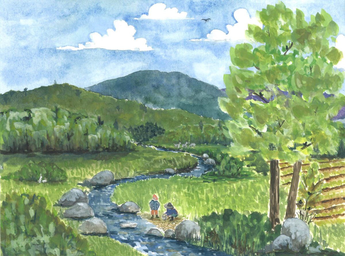 watercolor painting of mountain, stream, and children playing in meadow.